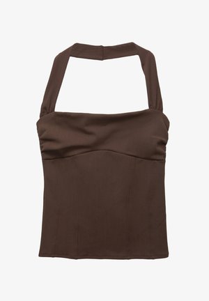 Brown halter neck top with a structured fit, featuring gathered fabric at the bust and a smooth texture. No visible patterns or embellishments.