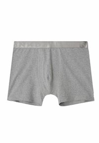 Boxer in grigio realizzati in cotone, dotati di una morbida fascia in vita con testo del logo in rilievo. Il tessuto ha una consistenza liscia e leggera.