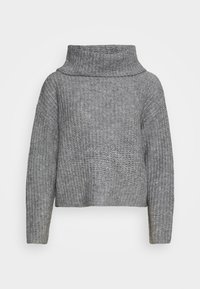 Grauer gestrickter Pullover mit hohem Kragen, langen Ärmeln und lockerem Sitz. Die Struktur ist gerippt und grob, was ein gemütliches Aussehen verleiht.