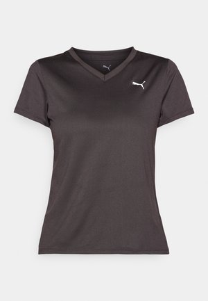 Black athletic t-shirt with a v-neck design, short sleeves, and a small white logo on the left chest. Made from a smooth, lightweight material.