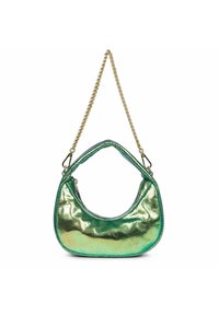 Borsa a tracolla verde metallico con forma curva, texture lucida e una tracolla in catena dorata. Presenta un motivo sottile per un tocco di dettaglio in più.