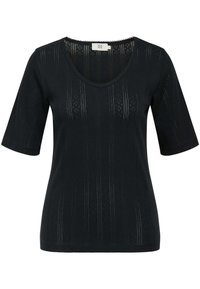 Lyhyet hihnat musta paita, jossa on V-pääntie ja teksturoitu kuvio. Ominaisuuksina pystysuorat viivat ja kevyet materiaalit. Muotoiltu kaula-aukko.