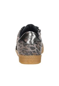 Leopard print sneaker featuring a textured fabric upper, metallic silver accents on the heel, and a gum rubber outsole.