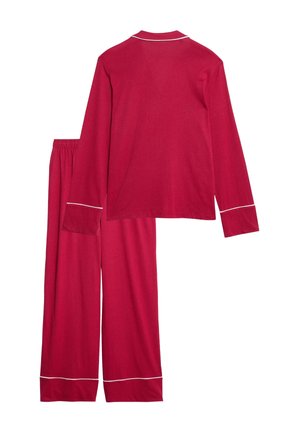 Conjunto de pijama rojo que incluye una camiseta de manga larga con cuello y detalles de piping blanco, combinada con pantalones de pierna ancha y cintura elástica.
