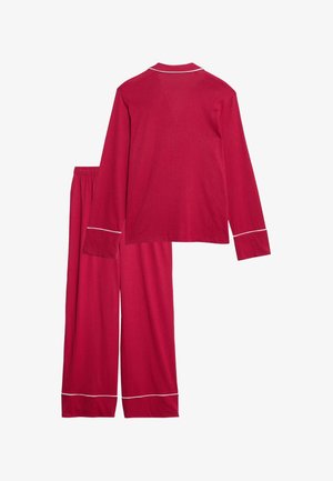 Červený pyžamový set obsahující dlouhý rukáv s límečkem a bílým lemováním, doplněný širokými kalhotami s elastickým pasem.