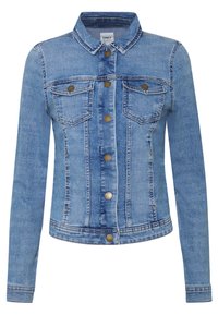 Light blue denim jacket with a classic collar, front button closure, two chest pockets, and stitched detailing along the seams.