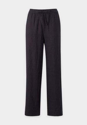 Black, lightweight, straight-leg pants with an elastic waistband and drawstring. Smooth texture, no visible patterns or hardware.