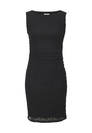 Ärmelloses schwarzes Spitzenkleid mit tailliertem Bund und knielangem Saum, mit rundem Ausschnitt und subtiler Textur.