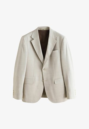 Hellbeige Blazer aus strukturiertem Stoff, mit einem Reverskragen, zwei vorderen Taschen und drei Knöpfen vorne. Gefüttertes Innenteil.