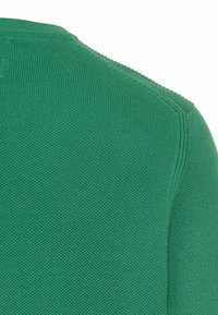 Groene gebreide trui met een geribde textuur, voorzien van een ronde halslijn en een naadloos schouderontwerp.