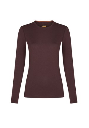 Long-sleeve top in dark burgundy, made from soft fabric. Features a round neckline and smooth texture, with contrasting orange stitching.