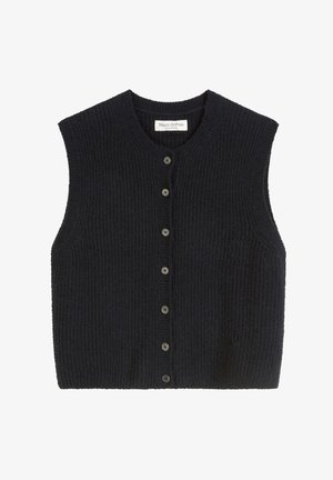 Sleeveless dark navy vest with a textured knit design. Features a round neckline and seven buttons down the front for closure.