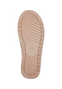 Såle på en sko laget av gummimateriale, med et mønstrete dekk, beige farge og et tall "38" preget nær midten.