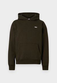 Olijfgroen hoodie gemaakt van zachte stof, met een voorzak en witte "OBEY" tekst op de borst. Geribde manchetten en zoom.