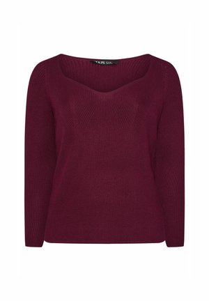 Maglione a coste color bordeaux con scollo a V, maniche lunghe e dettagli a forma di freccia sul davanti. Tessuto morbido con una finitura testurizzata.