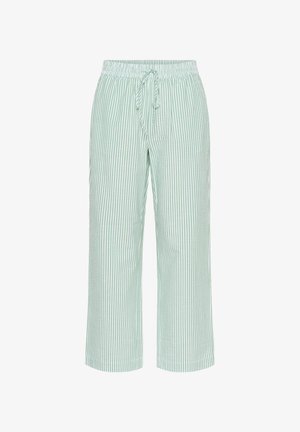 Gaišas, balti svītroti bikses ar vieglu audumu, elastīgu jostu un auklu, izstrādātas komfortam un ērtai valkāšanai.