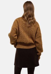 Pull en mailles marron avec un motif en câble, coupe courte et manches larges. Porté par-dessus une jupe sombre et associé à des collants noirs.
