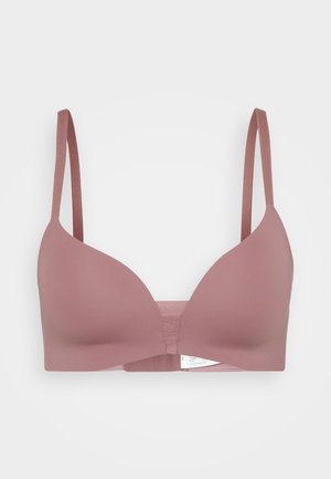 Sutiã sem fios rosa claro com acabamento suave, decote em V e alças ajustáveis. Apresenta uma faixa macia para conforto.