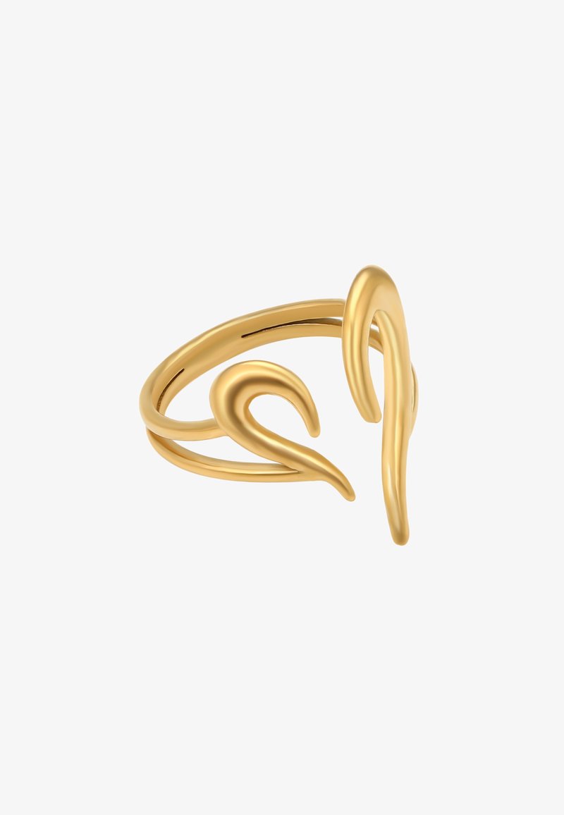 Guldring med et åbent design, der har to flydende, forlængede former. Glat, poleret overflade med en minimalistisk æstetik.