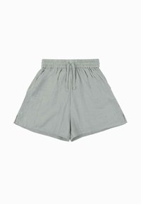 Helle grüne Leinen-Shorts mit einem elastischen Bund und Kordelzug. Mit Seitentaschen und einem lockeren Schnitt.