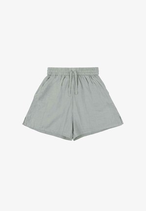 Helle grüne Leinen-Shorts mit einem elastischen Bund und Kordelzug. Mit Seitentaschen und einem lockeren Schnitt.
