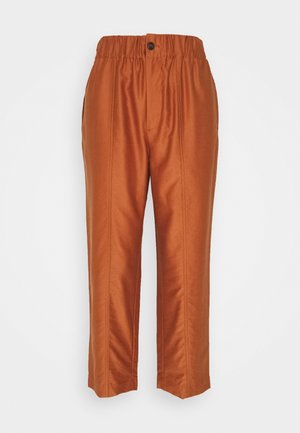 Hoch geschnittene, rostfarbene Hose mit geradem Bein, elastischem Bund, Frontknopf, Reißverschluss und vertikalen Nahtdetails.