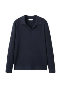 Donkerblauwe ribgebreide trui met een kraag, lange mouwen en een loszittende pasvorm. De gestructureerde stof en de gladde kraag benadrukken het ontwerp.