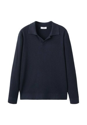 Granatowy sweter w prążki z kołnierzykiem, długimi rękawami i luźnym krojem. Teksturowana tkanina i gładki kołnierz podkreślają design.