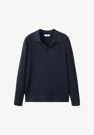 Granatowy sweter w prążki z kołnierzykiem, długimi rękawami i luźnym krojem. Teksturowana tkanina i gładki kołnierz podkreślają design.