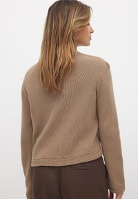 Pull beige tricoté avec une finition texturée et un ourlet tressé, doté de manches longues et d'une coupe décontractée, associé à un pantalon marron.