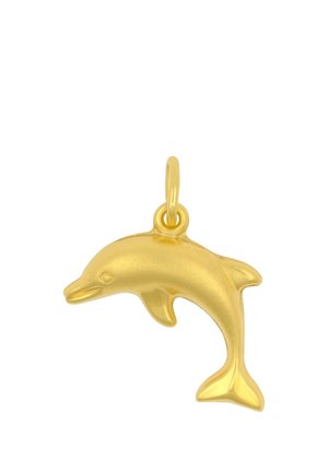 Goldener delphinförmiger Anhänger mit einer Öse zum Befestigen an einer Halskette, zeigt eine glatte, polierte Oberfläche und Delphindetails.