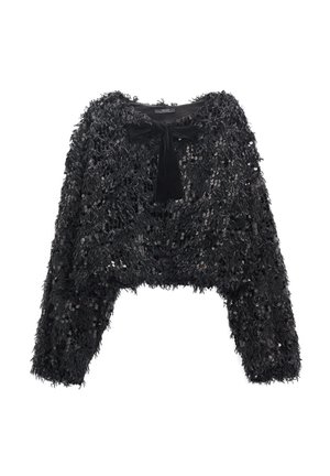 Czarna krótka kurtka z futerka ekologicznego z długimi rękawami, ozdobiona cekinami i z przodu zawiązywana na kokardę. Miękka tekstura i warstwowy fason.