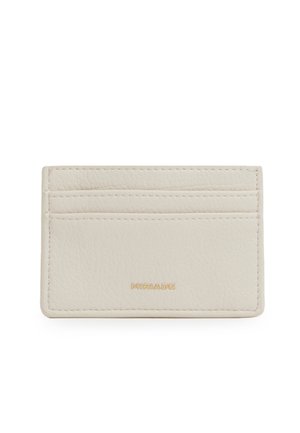 Porta carte sottile beige in pelle con tre fessure orizzontali e logo dorato "MIRIADE" centrato in basso.