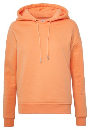 Oransje hettegenser laget av myk stoff, med kengurulomme, snorhette og ribbestrikkede mansjetter og kant.
