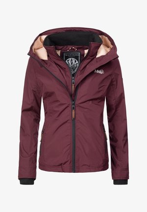 Veste imperméable bordeaux en tissu léger, dotée d'une capuche, d'une fermeture éclair frontale et de poignets côtelés. À l'intérieur, une doublure beige douce.