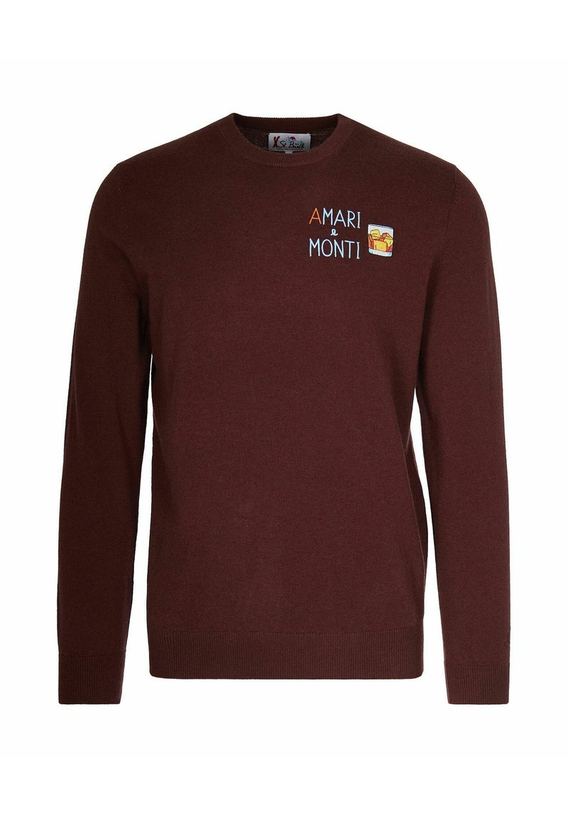 Brauner langärmeliger Sweater mit Rundhalsausschnitt, mit dem Text "Amari e Monti" und einem kleinen gestickten Glas mit Eiswürfeln auf der oberen linken Brust.