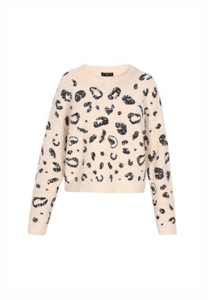 Pulover crem cu un design scurt, având un model leopardo cu pete negre pe un material cu o textură moale. Mâneci lungi și decolteu rotund.