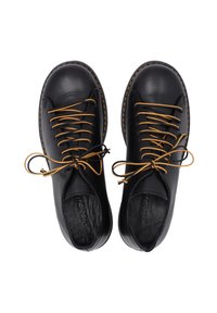 Schwarze Lederschuhe in runder Form, mit braunen Schnürsenkeln und einem kontrastierenden Stitchingdetail entlang der Sohle.