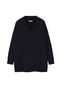 Navyblauwe V-hals sweatshirt van zachte stof, met lange mouwen, zijsplitten en een relaxte pasvorm met ribgebreide manchetten.