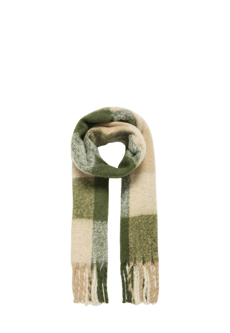 Sciarpa a scacchi verde e crema, realizzata in tessuto morbido con estremità frangiate. Presenta grandi blocchi e una finitura texture.
