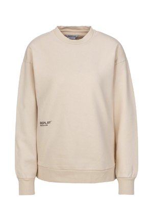Beige crewneck sweatshirt with long sleeves, ribbed cuffs and hem, and small black "REPLAY Second Life" text on the lower left front.