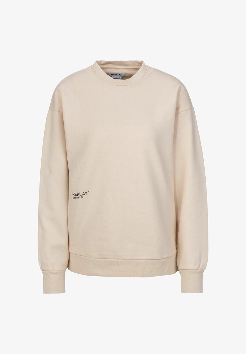 Sweat beige col rond avec manches longues, poignets et ourlet côtelés, et petit texte noir « REPLAY Second Life » en bas à gauche sur le devant.
