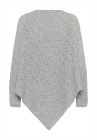 Ljust grått stickat poncho med en V-formad nederkant, med ett texturerat mönster av små zigzag-mönster och lösa ärmar. Mjuk och mysig material.