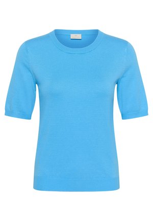 Pull en maille bleu clair à manches courtes avec encolure ronde et poignets et ourlet côtelés.