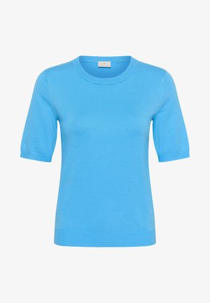 Šviesiai mėlynas trumpomis rankovėmis megztinis su apvaliu kaklu ir briaunuotomis rankogaliais bei apačia.