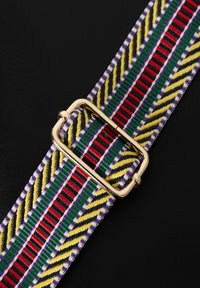 Cinghia in tessuto intrecciato con motivi zigzag multicolori in verde, rosso, giallo e viola, completata da una fibbia rettangolare dorata.