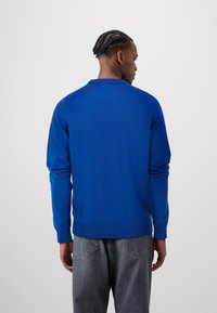 Maglione a maglia blu con maniche lunghe e polsini a costine, con scollatura rotonda e una texture uniforme, indossato sopra jeans grigi.