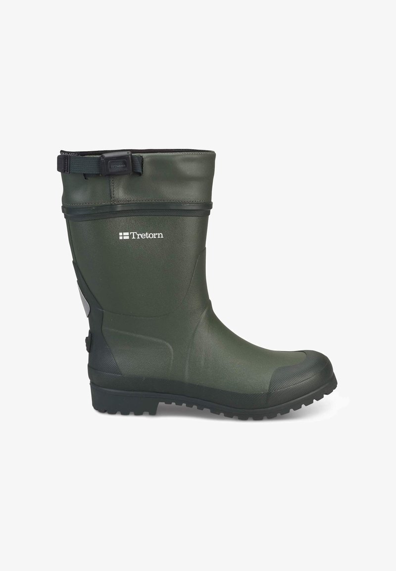 Green waterproof rubber boot with a textured finish, reinforced toe, and adjustable strap at the top. Features a rugged outsole for traction.