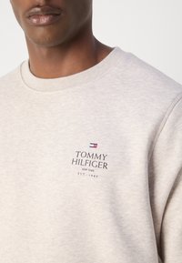 Beige pamut pulóver, kerek nyakkivágással, a mellrészen egy kis hímzett "Tommy Hilfiger" logóval, zászló mintával.