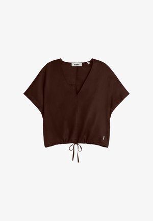 Krótka bluzka z krótkim rękawem w ciemnobrązowym kolorze, z dekoltem w szpic, luźnym krojem i regulowanym troczkiem przy dolnym brzegu.